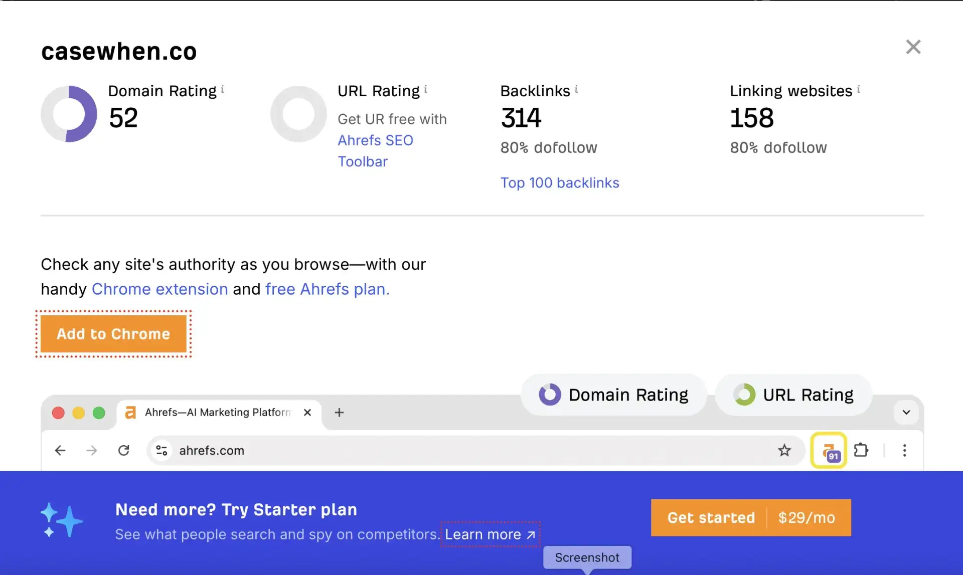 CaseWhen.co Ahrefs DR 52 after 12 months of link building