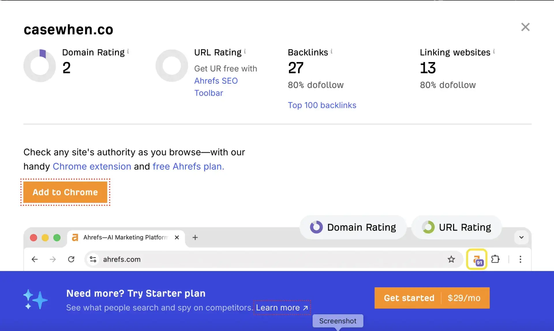 CaseWhen.co Ahrefs DR 2 before link building
