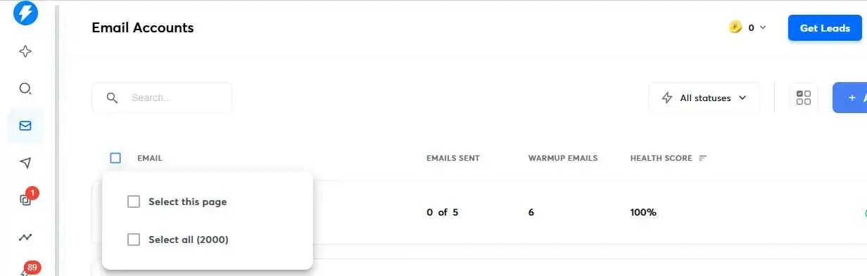 OutboundBin 2,000 email accounts in Instantly.ai with 100% health score
