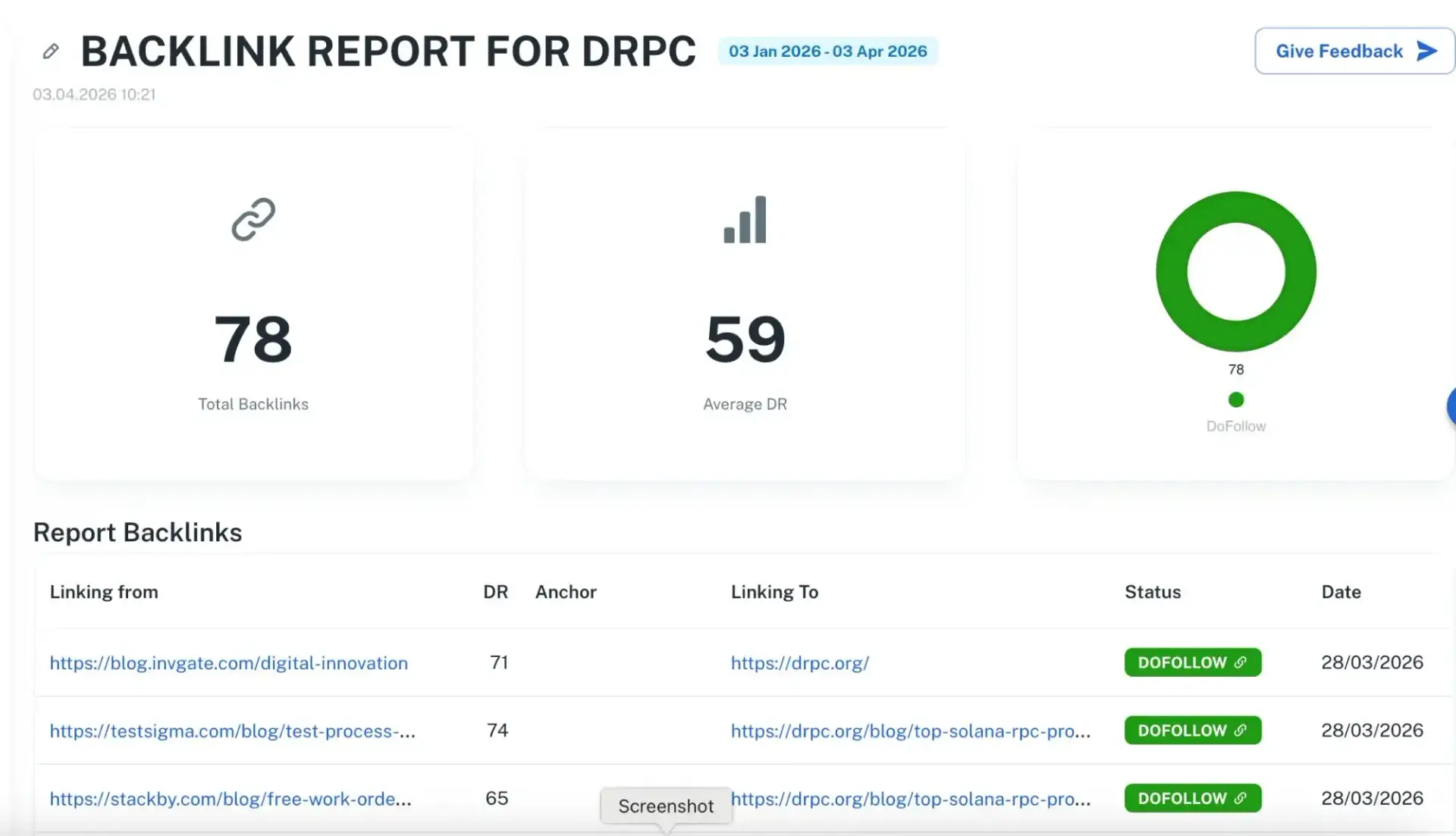 DRPC.org backlink report showing 78 DoFollow links with average DR 59